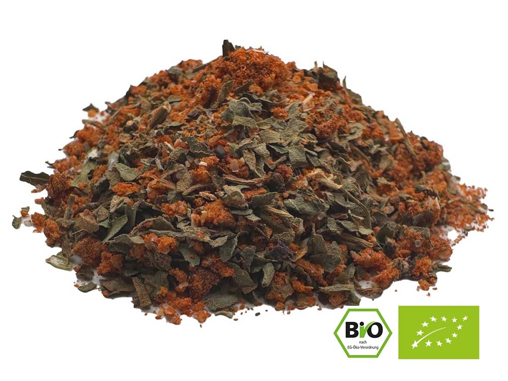 Gewürz-Mischung, Tomaten-Basilikum Gewürz BIO, Intensives Aroma sonnengetrockneter Tomaten mit der würzigen Frische von Basilikum.